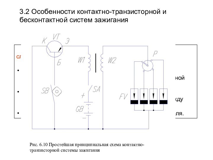 3.2 Особенности контактно-транзисторной и бесконтактной систем зажиганияКонтактно-транзисторная система зажигания имеет следующие