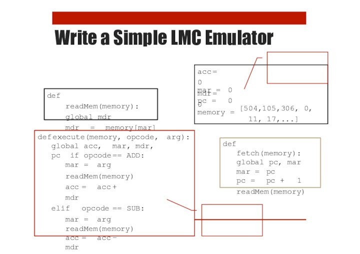 Write a Simple LMC Emulatordef	fetch(memory): global pc, mar mar =	pcpc =	pc +	1readMem(memory)def	readMem(memory):