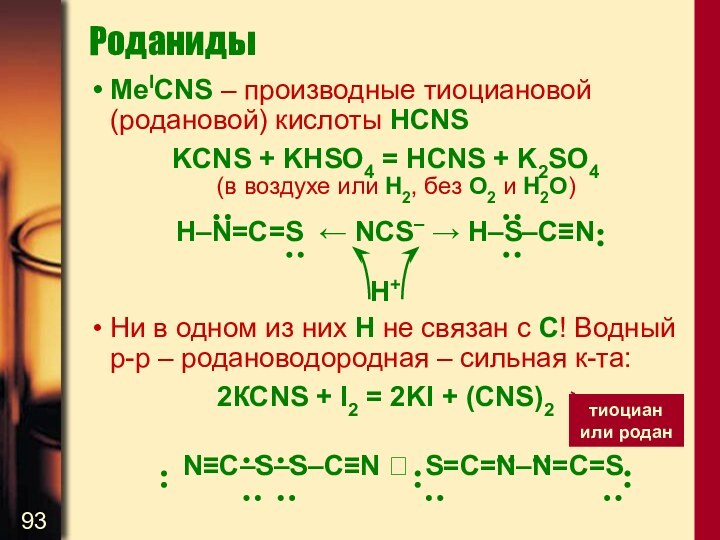 РоданидыMeICNS – производные тиоциановой (родановой) кислоты HCNSKCNS + KHSO4 = HCNS +