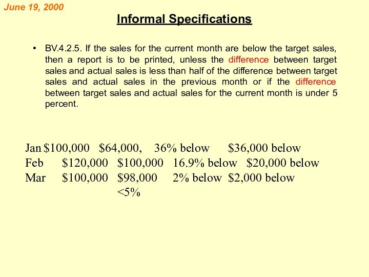 Informal SpecificationsBV.4.2.5. If the sales for the current month are below the