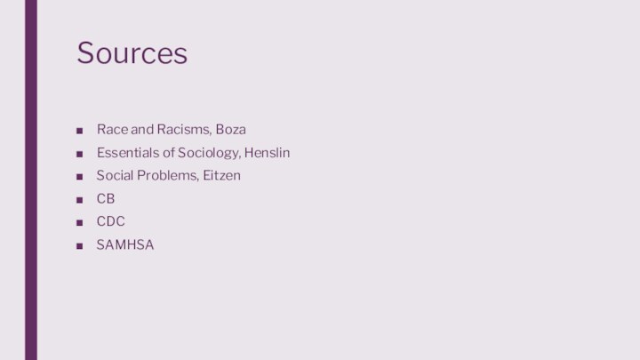 SourcesRace and Racisms, BozaEssentials of Sociology, Henslin Social Problems, EitzenCBCDCSAMHSA