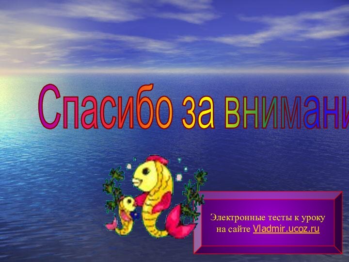 Спасибо за внимание! Электронные тесты к урокуна сайте Vladmir.ucoz.ru