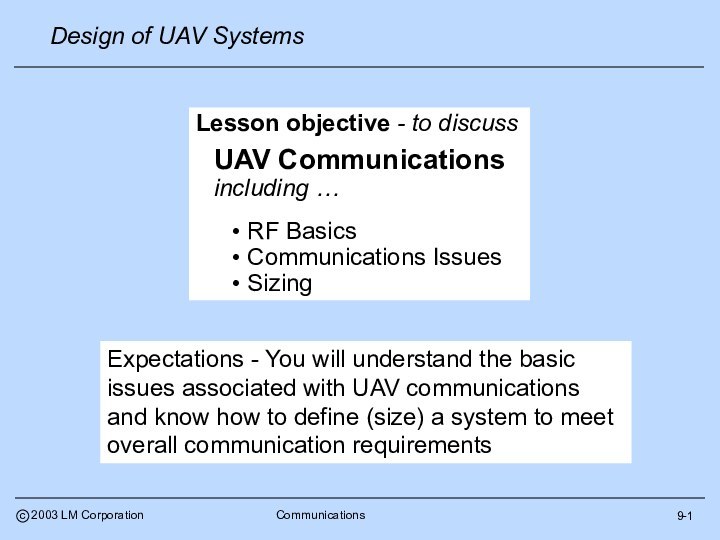 9-1Lesson objective - to discussUAV Communicationsincluding … RF Basics Communications Issues SizingExpectations
