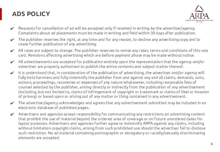 ADS POLICYRequests for cancellation of ad will be accepted only if received