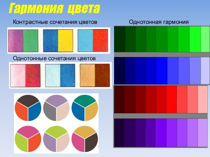 Контрастные сочетания цветовОднотонные сочетания цветовГармония цветаОднотонная гармония