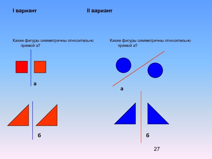 I вариант					II вариантКакие фигуры симметричны относительно прямой а?Какие фигуры симметричны относительно прямой а?абаб