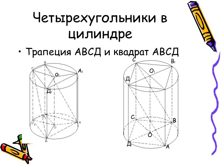 Четырехугольники в цилиндреТрапеция АВСД и квадрат АВСДо1А1АВСДО1ОД1С1В1Д1В