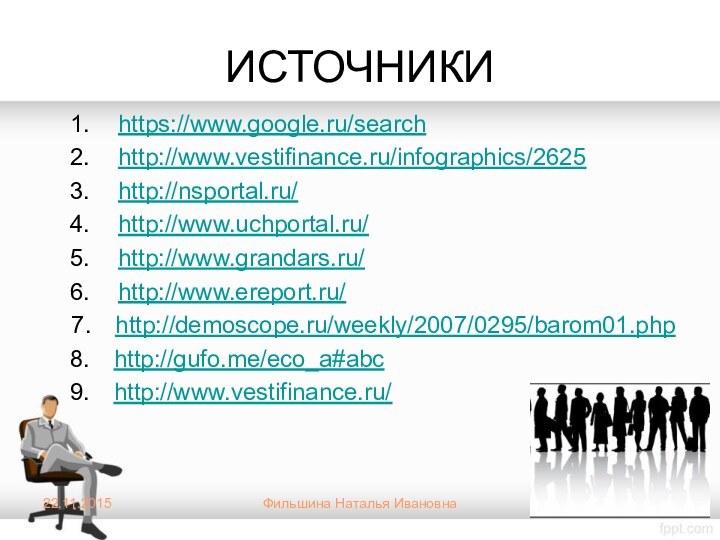 ИСТОЧНИКИhttps://www.google.ru/searchhttp://www.vestifinance.ru/infographics/2625http://nsportal.ru/http://www.uchportal.ru/http://www.grandars.ru/http://www.ereport.ru/http://demoscope.ru/weekly/2007/0295/barom01.phphttp://gufo.me/eco_a#abchttp://www.vestifinance.ru/22.11.2015Фильшина Наталья Ивановна