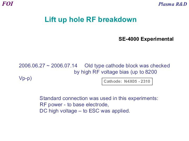 Lift up hole RF breakdownSE-4000 Experimental2006.06.27 ~ 2006.07.14   Old type