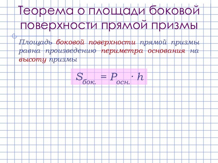 Теорема о площади боковой поверхности прямой призмыПлощадь боковой поверхности прямой призмы равна