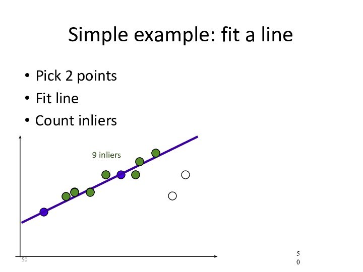 Simple example: fit a linePick 2 pointsFit lineCount inliers9 inliers