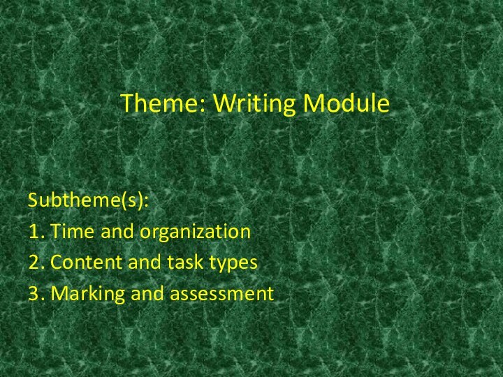 Theme: Writing ModuleSubtheme(s):1. Time and organization2. Content and task types3. Marking and assessment