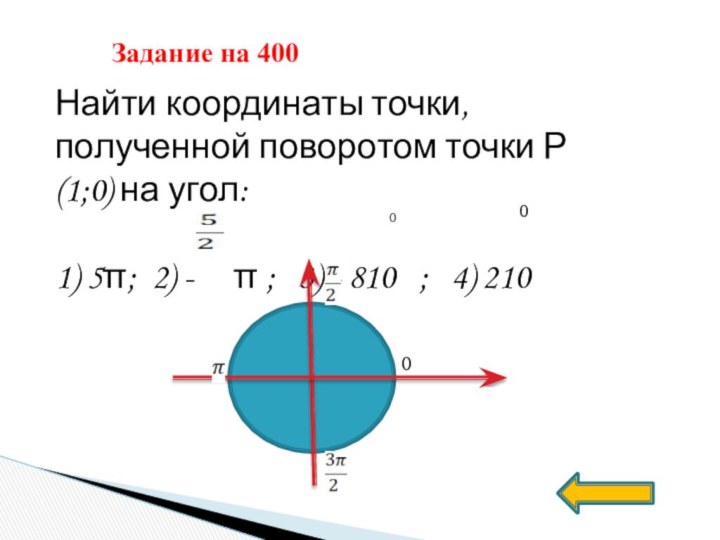 Задание на 400Найти координаты точки, полученной поворотом точки Р (1;0) на угол:1)