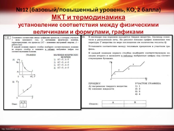 №12 (базовый/повышенный уровень, КО, 2 балла) МКТ и термодинамика установление соответствия