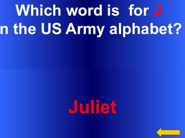 Which word is for J in the US Army alphabet?Juliet