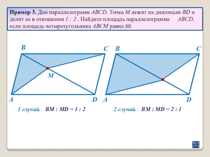 Пример 3. Дан параллелограмм ABCD. Точка М лежит на диагонали BD и
