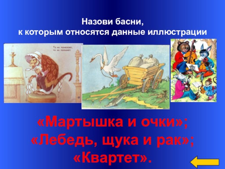 Назови басни, к которым относятся данные иллюстрации«Мартышка и очки»;«Лебедь, щука и рак»;«Квартет».