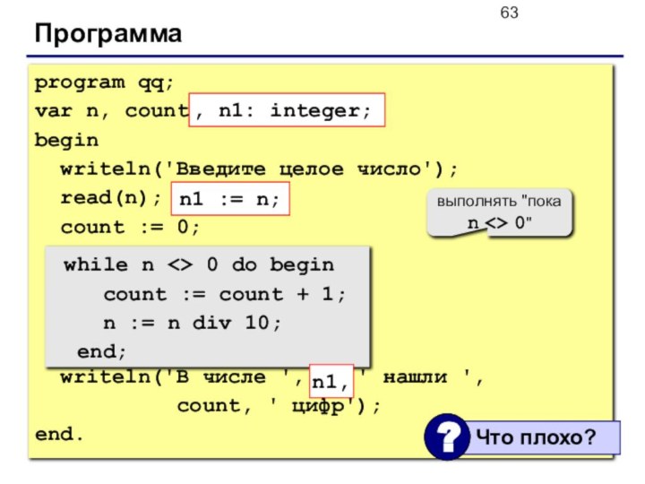 Программаprogram qq;var n, count: integer;begin writeln('Введите целое число'); read(n); count := 0;