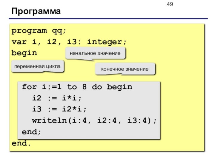 Программаprogram qq;var i, i2, i3: integer;begin  for i:=1 to 8 do