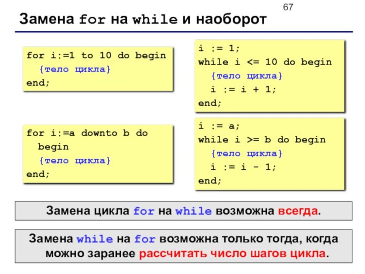 Замена for на while и наоборотfor i:=1 to 10 do begin {тело