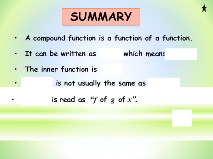 SUMMARYA compound function is a function of a function.