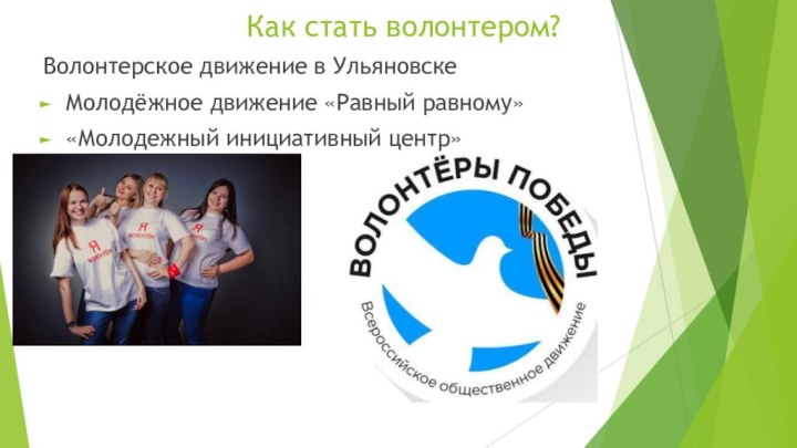 Как стать волонтером?Волонтерское движение в УльяновскеМолодёжное движение «Равный равному»«Молодежный инициативный центр»