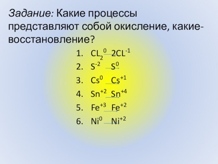 Задание: Какие процессы представляют собой окисление, какие- восстановление?CL20 	2CL-1S-2  	S0Cs0 	Cs+1Sn+2 	Sn+4Fe+3 	Fe+2Ni0 	Ni+2