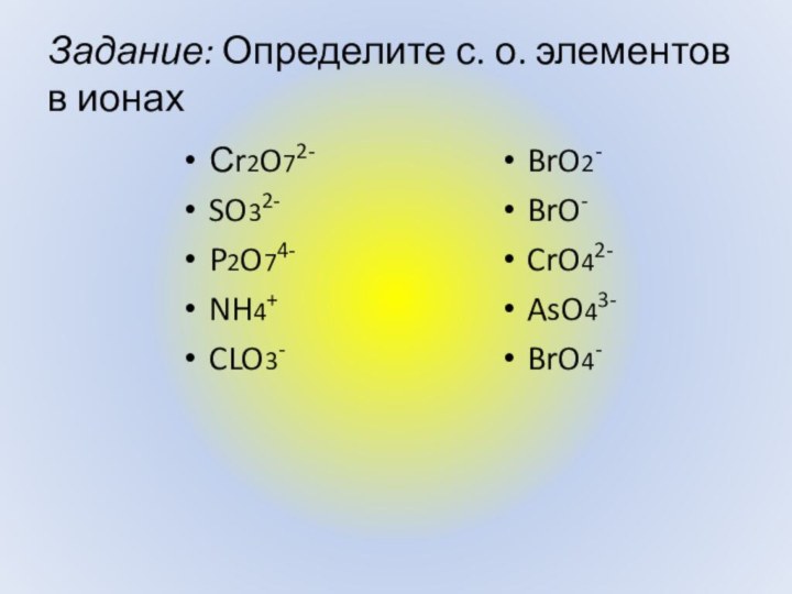 Задание: Определите с. о. элементов в ионахСr2O72-SO32-P2O74-NH4+CLO3-BrO2-BrO-CrO42-AsO43-BrO4-