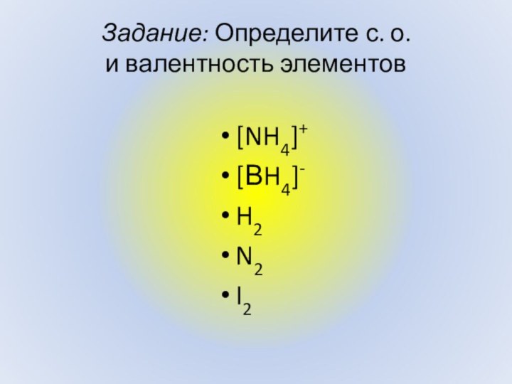 Задание: Определите с. о.  и валентность элементов[NH4]+[ВH4]-H2N2I2