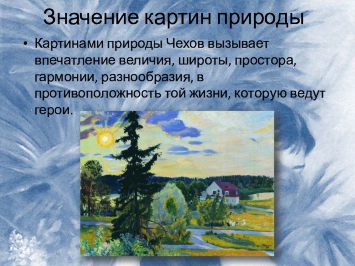 Значение картин природы Картинами природы Чехов вызывает впечатление величия, широты, простора, гармонии,