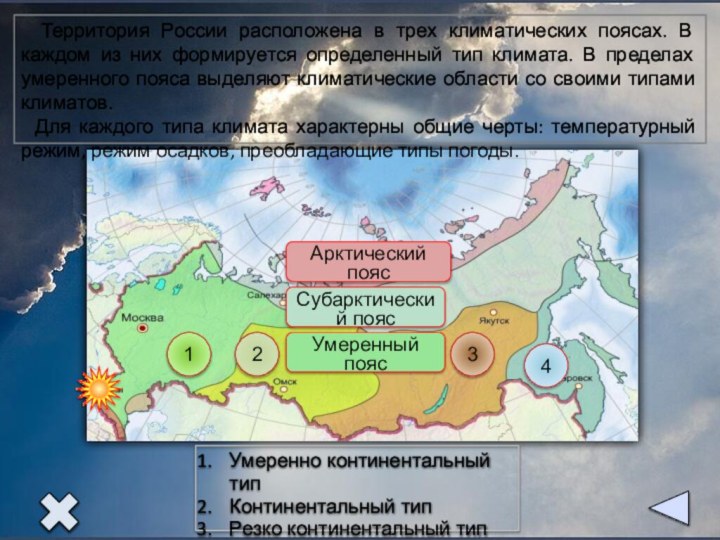1234Арктический поясСубарктический поясУмеренный пояс Территория России расположена в трех климатических поясах. В