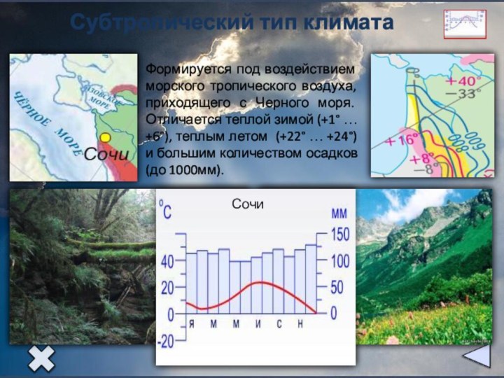 Субтропический тип климатаФормируется под воздействием морского тропического воздуха, приходящего с Черного моря.