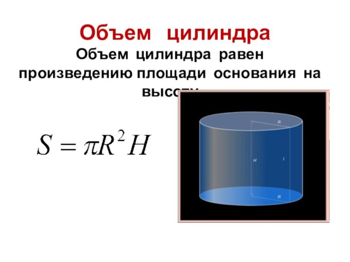 Объем  цилиндраОбъем цилиндра равен произведению площади основания на высоту