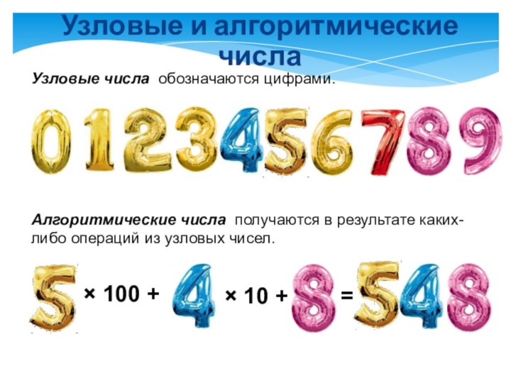 Узловые числа обозначаются цифрами.Узловые и алгоритмические числаАлгоритмические числа получаются в результате каких-либо