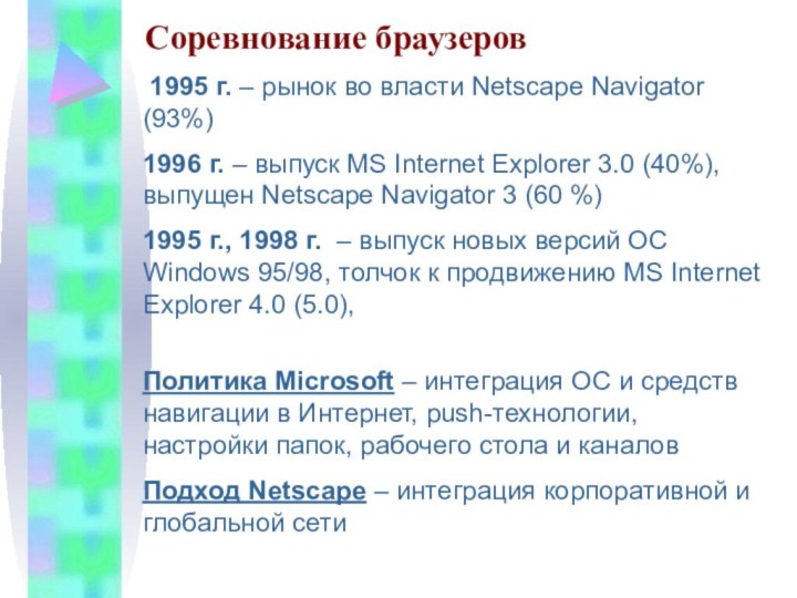  1995 г. – рынок во власти Netscape Navigator (93%)1996 г. –
