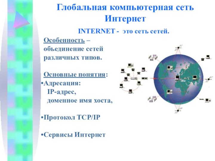 INTERNET - это сеть сетей.Глобальная компьютерная сеть ИнтернетОсобенность – объединение сетей