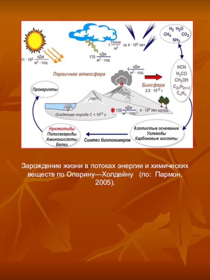 Зарождение жизни в потоках энергии и химических веществ по Опарину—Холдейну  (по: Пармон, 2005).