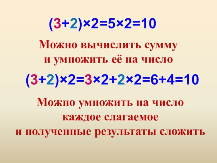 (3+2)×2=5×2=10Можно вычислить сумму и умножить её на число(3+2)×2=3×2+2×2=6+4=10Можно умножить на число каждое