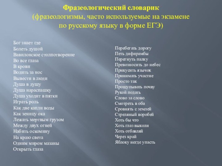 Фразеологический словарик (фразеологизмы, часто используемые на экзамене  по русскому языку в