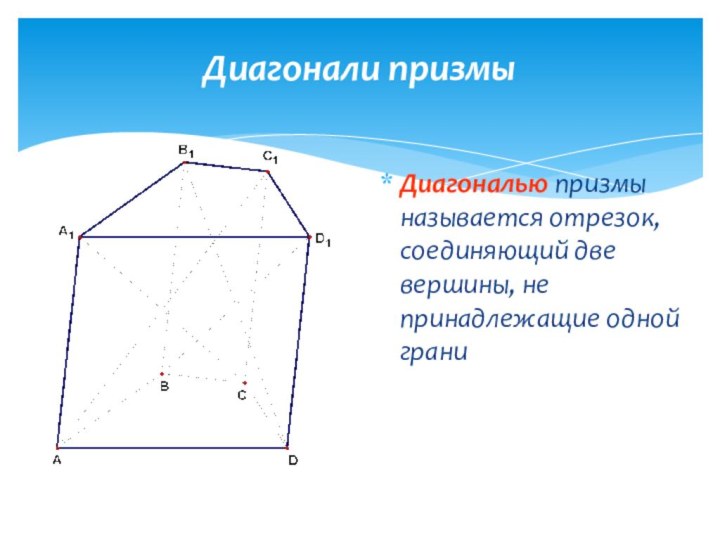 Диагонали призмыДиагональю призмы называется отрезок, соединяющий две вершины, не принадлежащие одной грани