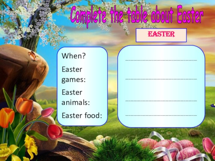 Complete the table about EasterWhen?Easter games:Easter animals:Easter food:EASTER----------------------------------------------------------------------------------------------------------------------------------------------------------------------------
