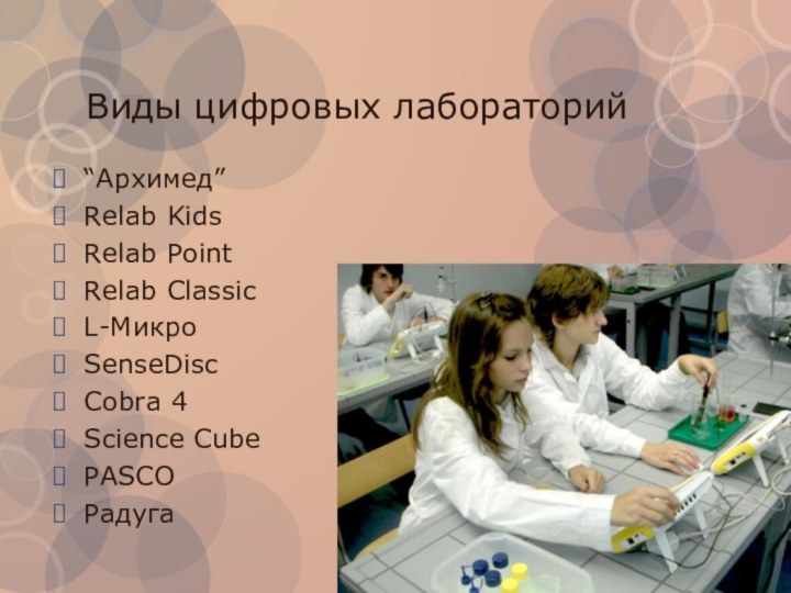 Виды цифровых лабораторий“Архимед” Relab KidsRelab PointRelab ClassicL-МикроSenseDisсCobra 4Science CubePASCOРадуга