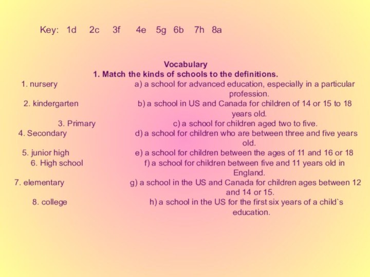 Key:  1dVocabulary1. Match the kinds of schools to the definitions.