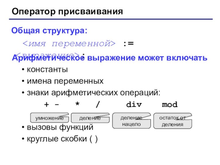 Оператор присваиванияОбщая структура:	 := ;Арифметическое выражение может включатьконстантыимена переменныхзнаки арифметических операций: