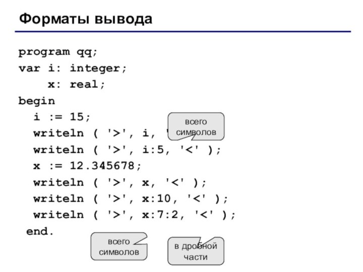 Форматы выводаprogram qq;var i: integer;  x: real;begin i := 15; writeln