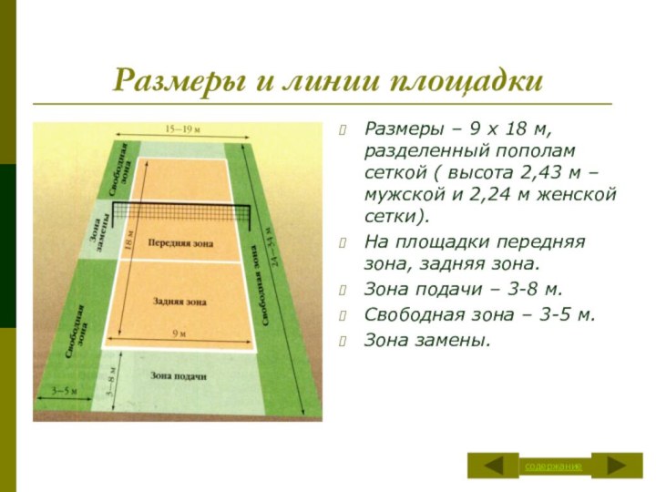 Размеры и линии площадкиРазмеры – 9 х 18 м, разделенный пополам сеткой