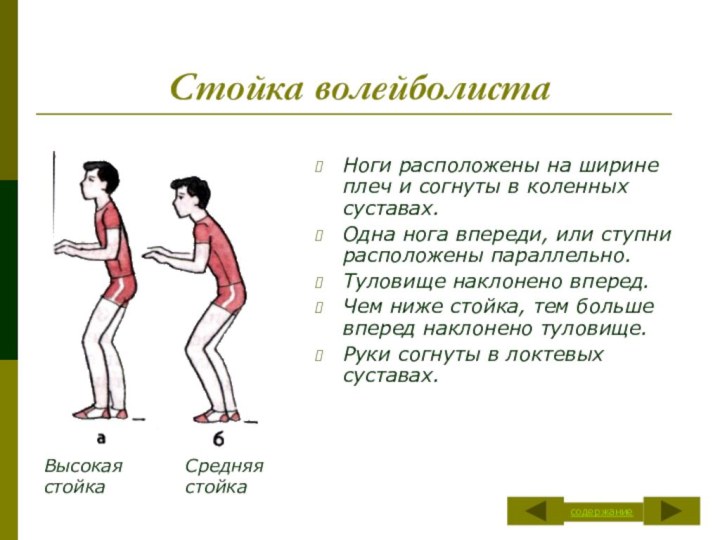 Стойка волейболистаНоги расположены на ширине плеч и согнуты в коленных суставах. Одна