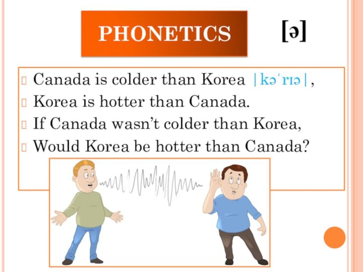 PHONETICSCanada is colder than Korea |kəˈrɪə|,Korea is hotter than Canada.If Canada