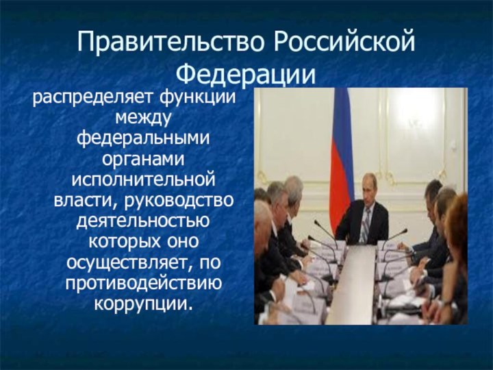 Правительство Российской Федерациираспределяет функции между федеральными органами исполнительной власти, руководство деятельностью которых