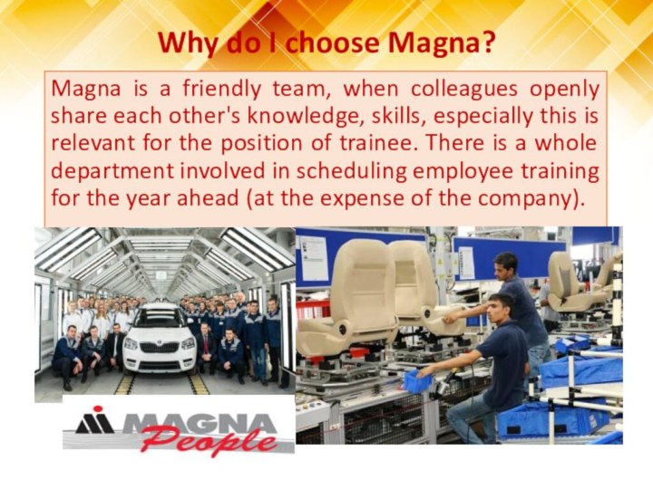 Magna is a friendly team, when colleagues openly share each other's knowledge,